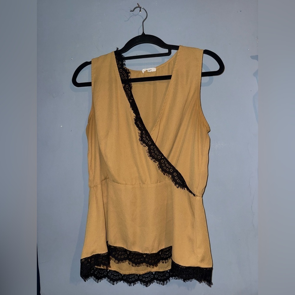 Elegant Mustard/Tan Sleeveless Blouse with Black Lace